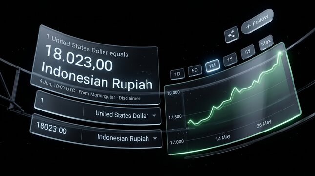 IDR to USD exchange rate with modern glow floating UI screen style with dark background curve view