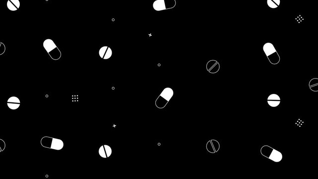 White Medical Pills Seamless pattern Motion Animation on Black Background. floating capsule pills, tablets, dotted patterns, circles, and geometric medical elements drifting smoothly across the screen