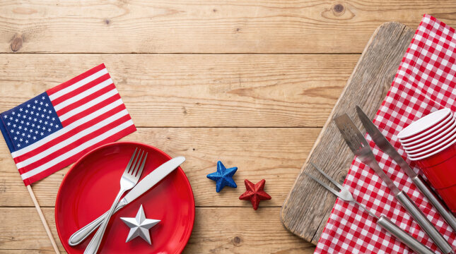 Top view of Fourth of July table decor featuring folded American flag napkin, silverware and red gingham fabric on rustic wooden background, festive holiday entertaining with copy space