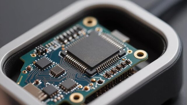 Close-Up View of a Circuit Board with Microchips and Components