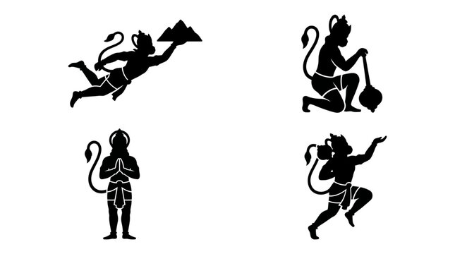 Silhouette depictions of Hindu deity Hanuman in various poses including flying, holding a mace, praying, and reaching upwards
