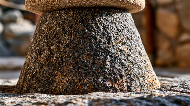 Minoan palace column base stone close, tapered inverted truncated cone form, volcanic tuff surface erosion, Knossos Aegean Bronze Age heritage archaeology, raking afternoon Mediterranean light .ultr