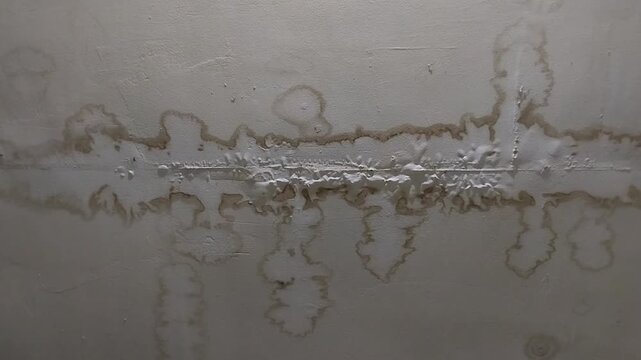 Paint bubbling and stained brown due to leaking roof