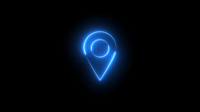 Neon location sign icon animation glowing blue color journey map travel direction tracking position search address place sign symbol on black background