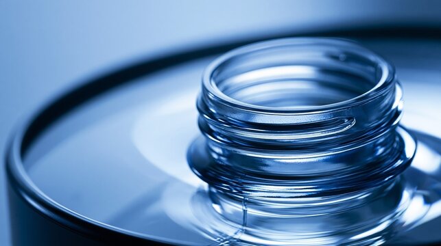 Closeup of a plastic bottle neck examined under a magnifying lamp on a quality control desk with highkey lighting emphasizing texture and material details