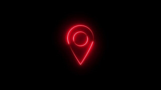 Neon location sign icon animation glowing red color journey map travel direction tracking position search address place sign symbol on black background