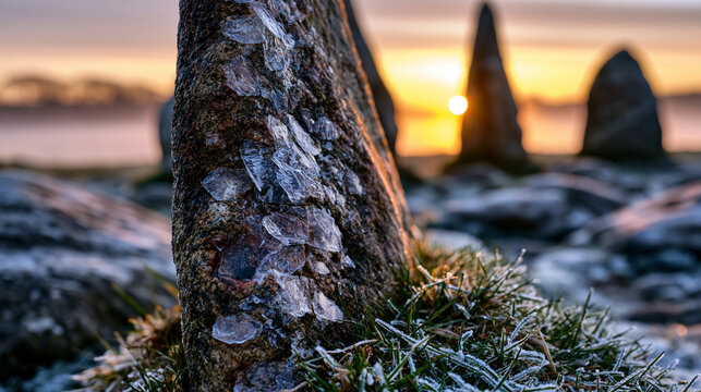 Pagan stone circle megalith alignment winter solstice low angle light, quartzite orthostat surface frost crystal encrustation, turf grass frost around base, atmospheric mist horizon, Neolithic herit
