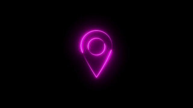 Neon location sign icon animation glowing pink color journey map travel direction tracking position search address place sign symbol on black background
