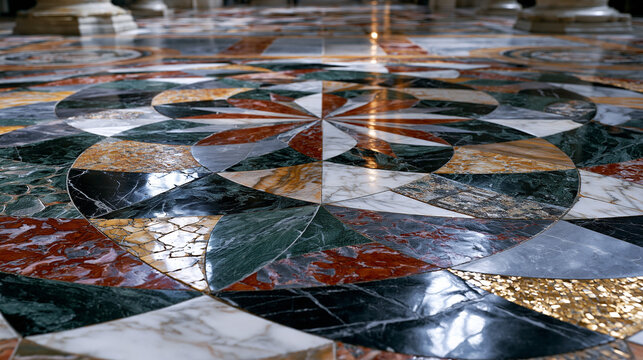 Sacred geometry marble floor mosaic cathedral nave, interlocking vesica piscis and octagram tesserae pattern, Cosmatesque opus sectile inlay, verde antico and porphyry geometric tiling, Romanesque p