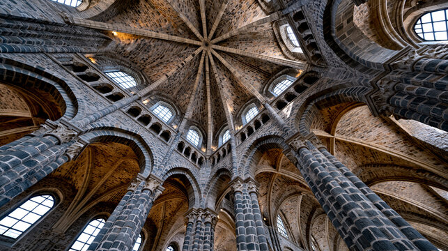 Soaring Romanesque cathedral nave with ribbed stone barrel vault ceiling perspective, alternating pilaster columns, medieval ashlar masonry, clerestory window repetition, architectural compression o