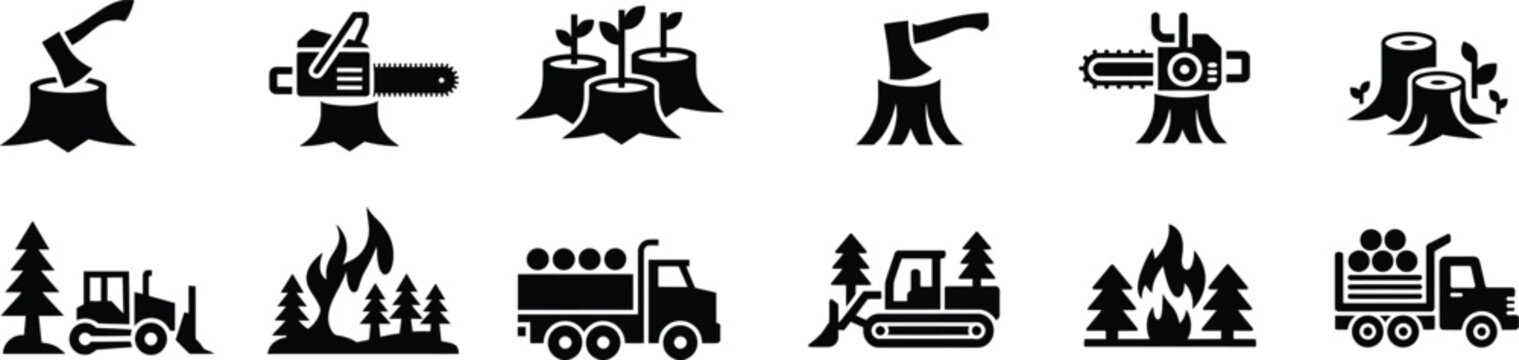 Collection of logging and forestry icons featuring axes chainsaws trees and trucks for deforestation themes vector art.