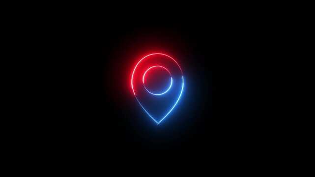 Neon location sign icon animation glowing red and blue color journey map travel direction tracking position search address place sign symbol on black background