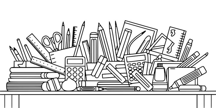 School Supplies Arranged on a Desk with Books, Pencils, Rulers, and Calculators Featuring Pens, Markers, Erasers with Sharpeners and Notebooks