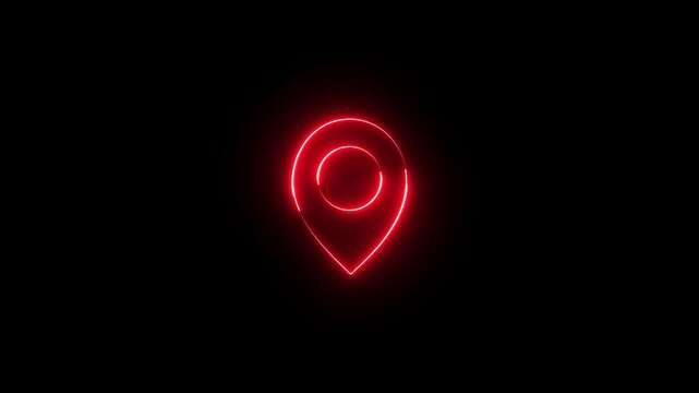 Neon location sign icon animation glowing red color journey map travel direction tracking position search address place sign symbol on black background