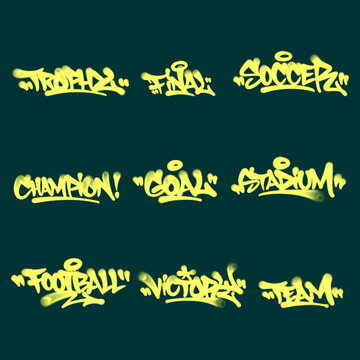 Soccer text graffiti tag bundle displaying multiple street art spray paint handstyle elements collection for football championship tournament clothing poster layout isolated clip art.