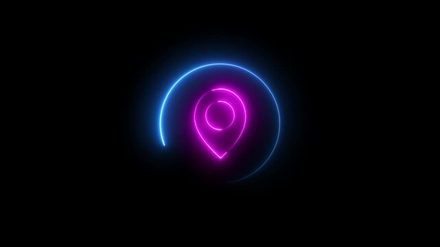 Neon location sign icon animation glowing pink and blue color journey map travel direction tracking position search address place sign symbol on black background