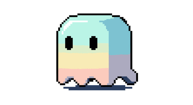 Cute Pixel Art Rainbow Ghost Character Icon, Vector Illustration