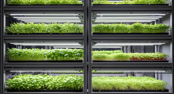 Indoor vertical farm with microgreens under led grow lights