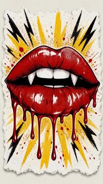 Pop Art Halftone Vampire Lips Sticker Illustration, Spooky Halloween Glamour and Dark Fantasy Concept, Torn Paper Collage Element, Retro Magazine Style Graphic, Vertical Video