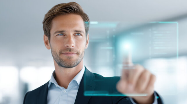 Business man touching interface, confident male executive in modern office with digital screen