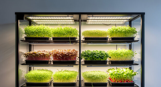 Indoor microgreen grow cabinet with led lighting for fresh produce