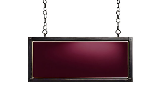 Elegant dark maroon rectangular sign hanging from sturdy metallic chains featured on transparent background