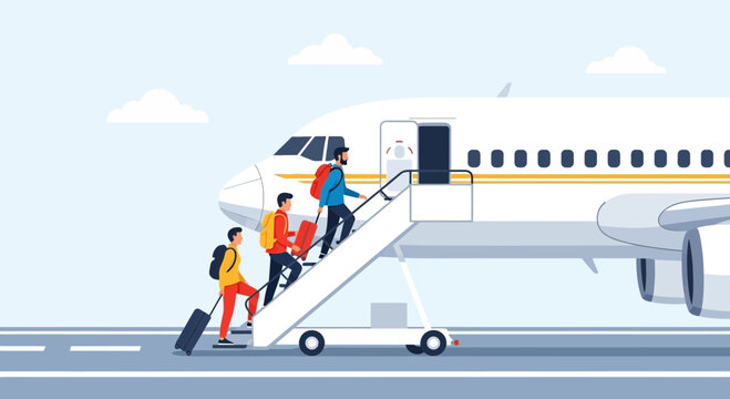Travelers boarding airplane with luggage, climbing stairs to aircraft door, airport travel concept