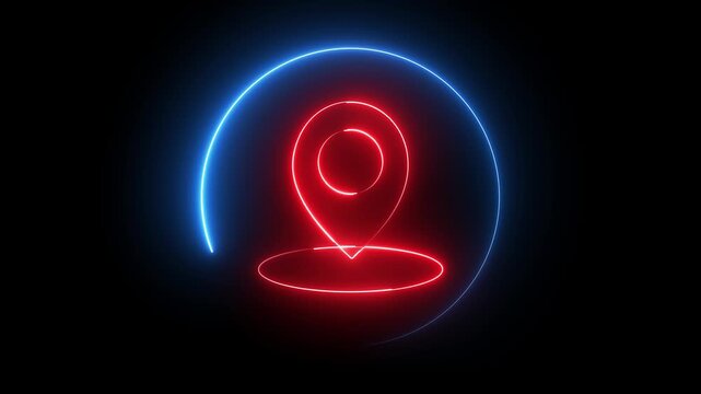 Neon location sign icon animation glowing red and blue color journey map travel direction tracking position search address place sign symbol on black background