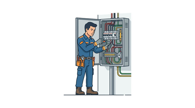 Electrician working on electrical panel with wires and circuit breakers