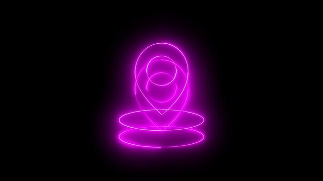 Neon location sign icon animation glowing pink color journey map travel direction tracking position search address place sign symbol on black background