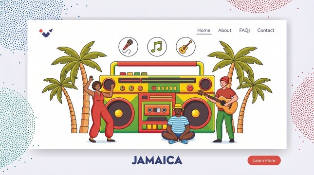 Jamaica Landing Page Template. Reggae Party, Music Festival. Tiny Rasta Male Female Characters in Costumes
