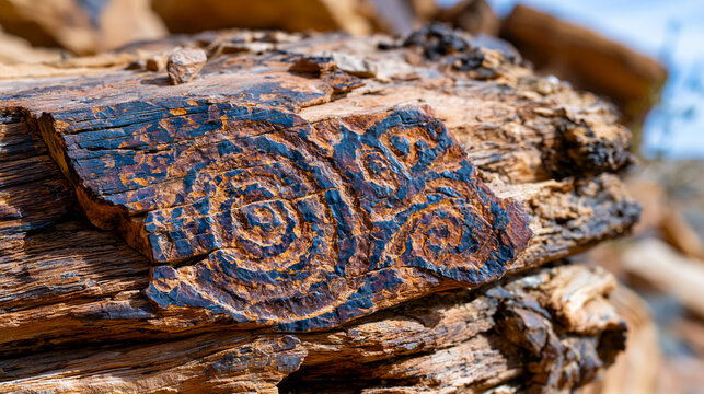 Desert sandstone cliff face petroglyphic carving close, ancient incised spiral and zoomorphic symbol patinated dark desert varnish, Holocene heritage rock art, arid erosion surface, oblique morning 