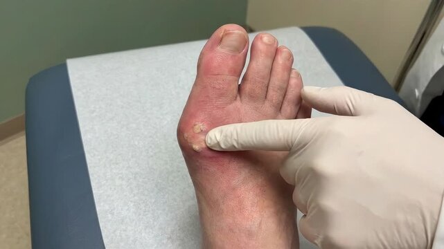 Gouty episode scrutiny: affected foot assessment, joint pain discomfort, uric acid issue, swollen toe problem, tophus formation sign, clinical finding review