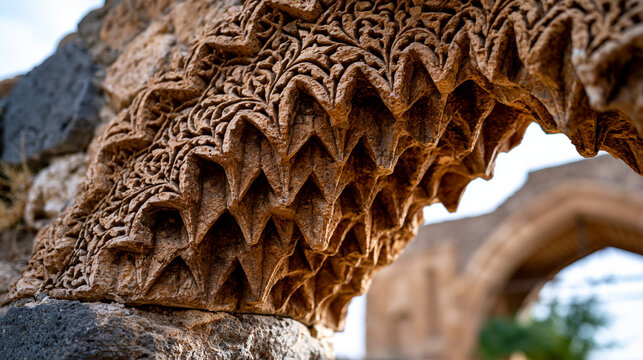 Desert caravanserai portal arch stone carving detail, Seljuk muqarnas portal hood stalactite cell, ochre limestone ashlar, incised floral scroll band, Anatolian Silk Road heritage architecture obliq