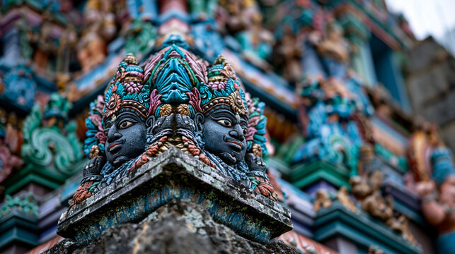 Hindu gopuram tower detail macro, stucco deity figure tier crowding surface, polychrome limestone carving, Dravidian nagara shikara architecture, tropical lichen patina, Shaivite iconography temple 
