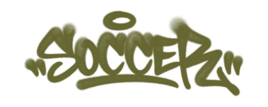 Soccer text graffiti tag displaying street art spray paint style handstyle font for soccer football championship tournament supporter clothing poster design element isolated clip art.