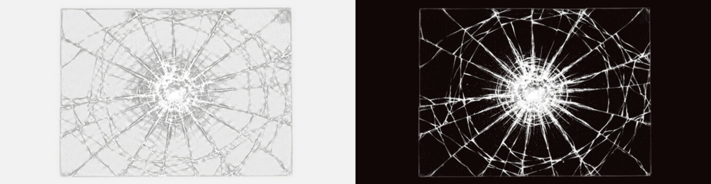 Shattered rectangular window pane glass with central spiderweb impact crack isolated on transparent background