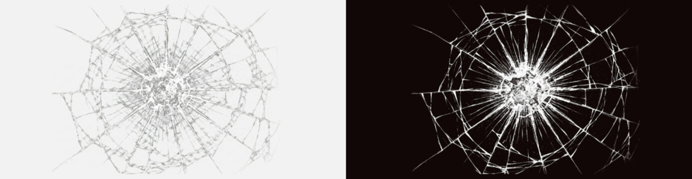 Shattered window glass with dense spiderweb impact fracture isolated on transparent background