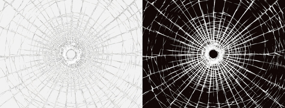 Shattered broken glass with central bullet hole impact and radial cracks isolated on transparent background