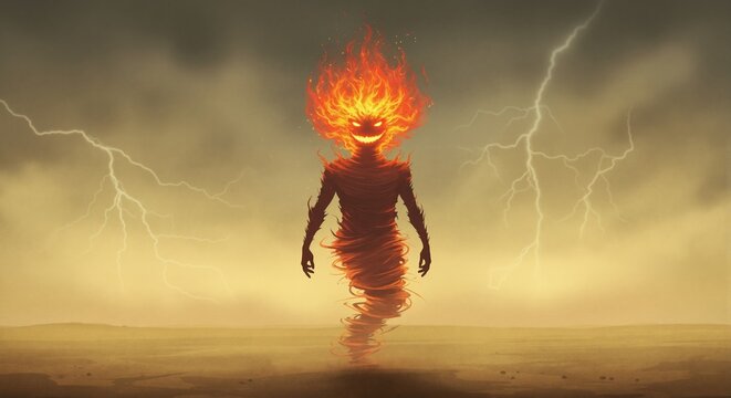 Powerful fire elemental creature in desert during lightning storm. Fantasy monster with sinister glowing face and vortex body