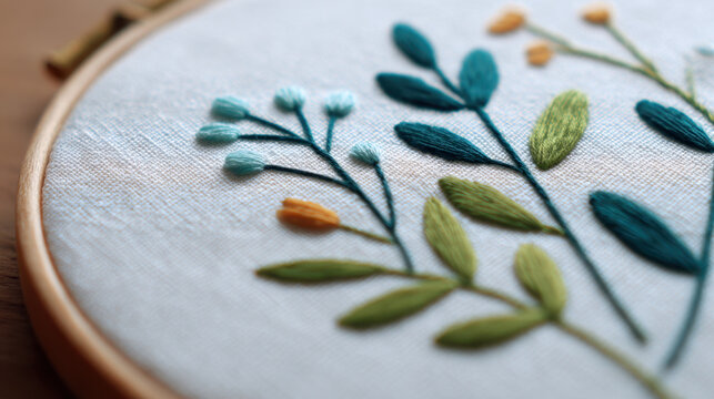 Close up embroidery on fabric with floral stitch pattern in hoop, soft textile craft detail and handmade needlework texture