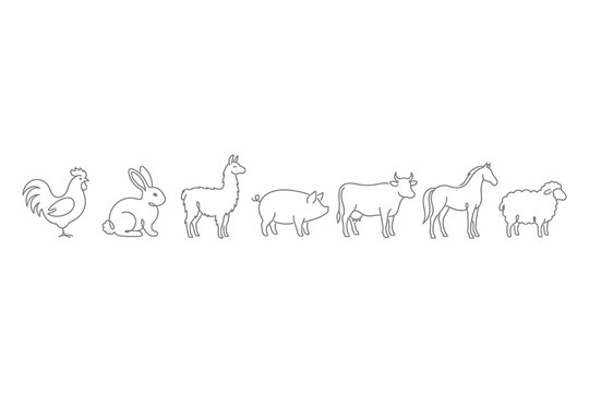 Line drawing of various farm animals standing in a row outside