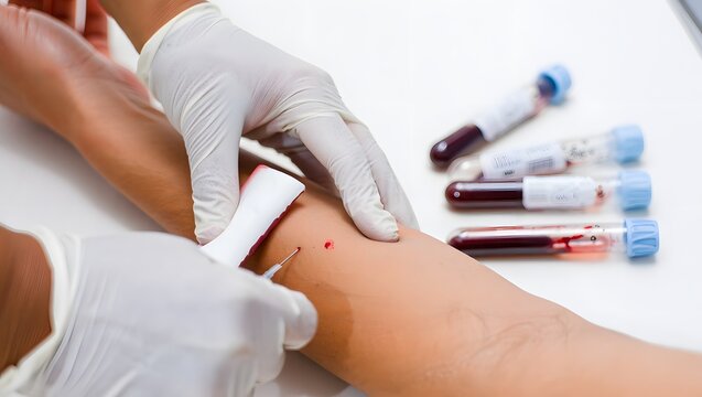 Medical professional drawing blood sample from patient arm