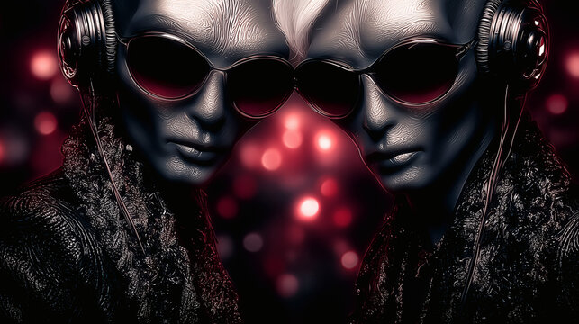 Two Cool Grey Aliens Wearing Headphones and Sunglasses