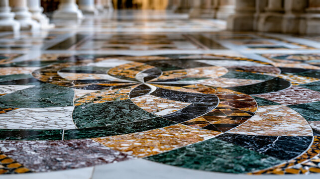 Sacred geometry marble floor mosaic cathedral nave, interlocking vesica piscis and octagram tesserae pattern, Cosmatesque opus sectile inlay, verde antico and porphyry geometric tiling, Romanesque p