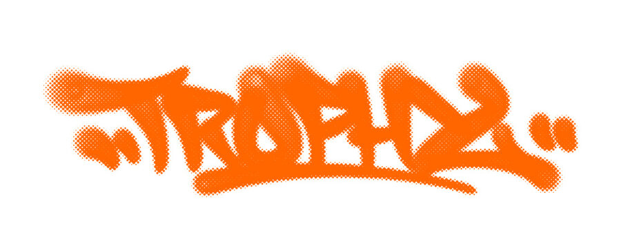 Trophy text graffiti tag displaying street art spray paint style handstyle font for soccer football championship tournament supporter clothing poster design element isolated clip art.