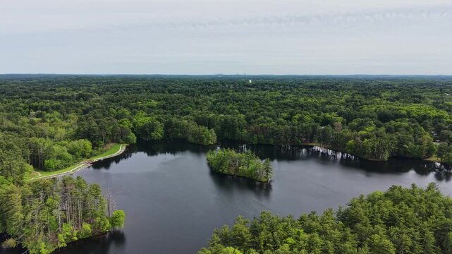 Harold Parker State Forest, Andover, Massachusetts, USA. Aerial forward descending, copy space