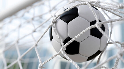 Naklejka premium Soccer ball hitting the back of a goal net isolated on white background, championship winning moment and sports graphic asset concept , with copy space