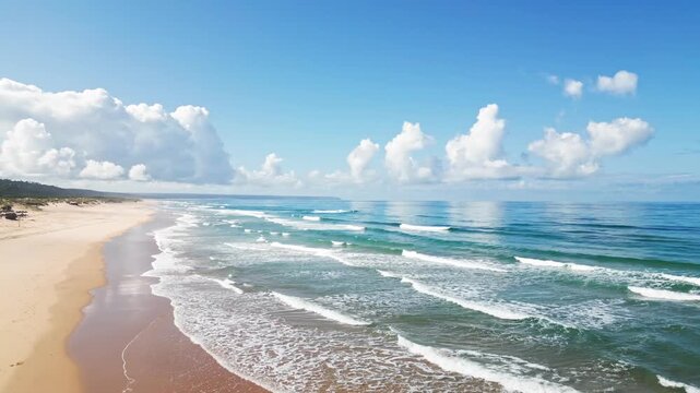 Slow motion drone dolly forward aerial above Praia da Morena near Lisbon, Portugal, featuring sandy beach, rolling Atlantic waves, blue sky and calm coastal scenery