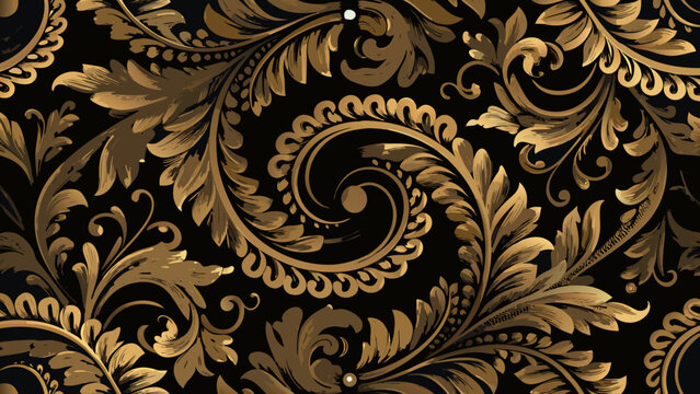 Ornate floral ornament a seamless vector pattern on black background